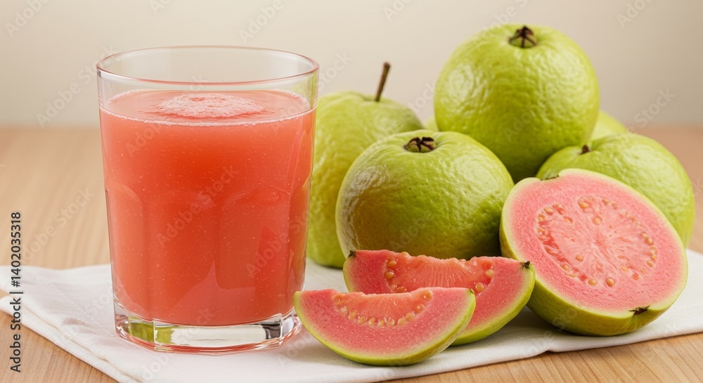 Fresh guava juice in glass and fresh guavas on white cloth, delicious and healthy still life Fresh guava juice in glass and fresh guavas on white cloth, delicious and healthy still life