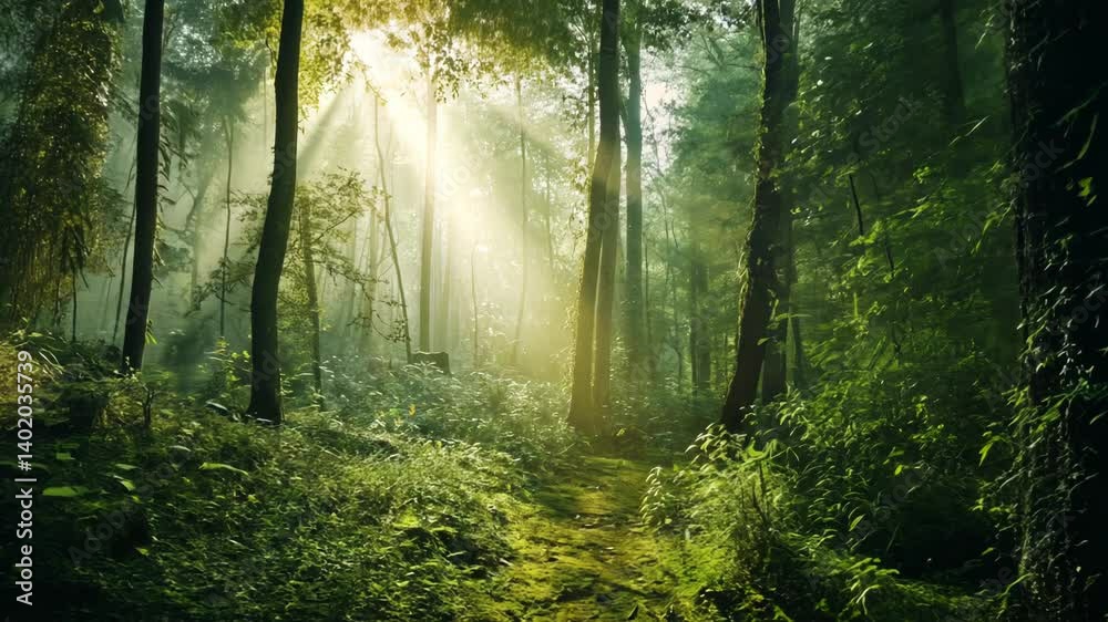 Sunlit path through misty, lush green forest