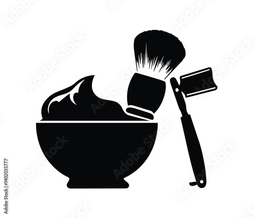 simple, elegant icon depicting a bowl of shaving cream, shaving brush, and straight razor.