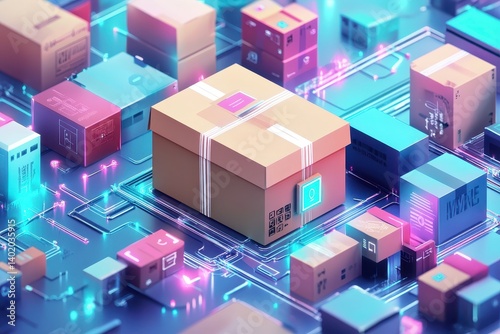 Boxes on a futuristic digital circuit board with neon lights
