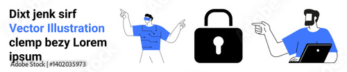 Two individuals engaged in discussion around data safety and one working on a laptop. Lock as data security symbol. Ideal for online security, technology, communication, education, teamwork