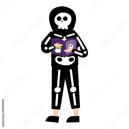 Skeleton Costume Reading Magic Book, Halloween Illustration, Flat Design.