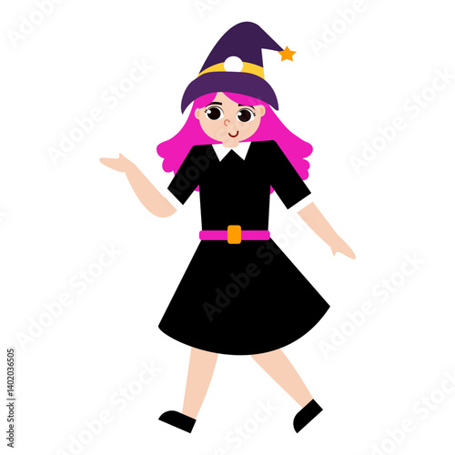 Whimsical Witch: Purple Hair, Pointed Hat, Black Dress, Cartoon Character.