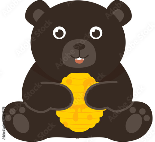 Cartoon Brown Bear Holding Honeycomb, Sweet Treat, Isolated.