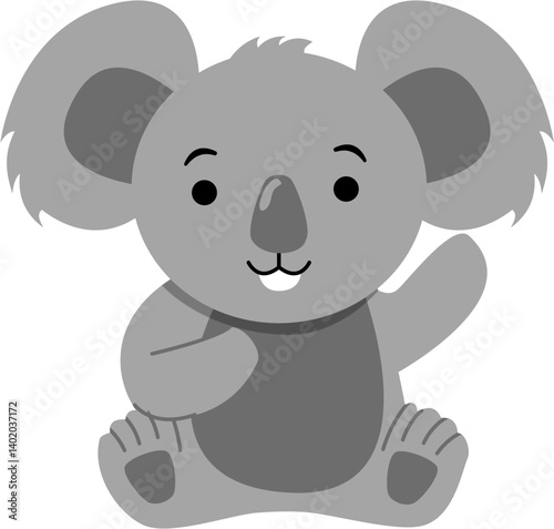 Stylized Gray Koala Sitting, Raising Paw in Friendly Wave, Isolated on White.