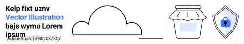 Cloud and line, shield with a lock, and jar in minimal design emphasize storage concepts. Ideal for technology, cybersecurity, network, access, backup, privacy flat landing page banner