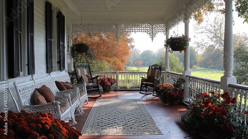 Serene Autumn Porch: A Peaceful Fall Scene on a Victorian Porch