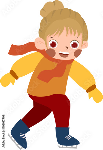 Cartoon girl ice skating, smiling, winter apparel, cheerful, active, vector illustration.