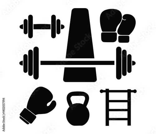 Design a various Fitness Equipment Icons including dumbbells, stationary bikes, treadmills, and barbells, arranged in a circular pattern on a light 