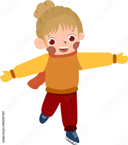 Happy girl with blonde hair ice skating in warm winter clothes, vector illustration.