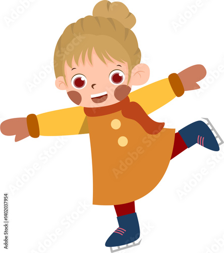 Girl in Winter Gear Ice Skating Cartoon.