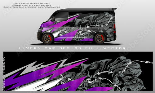 Aggressive van livery design vector  custom wrap featuring dark skull and bone illustrations with barbed wire, combined with bold purple and white lightning-style graphics. Full vector EPS template 