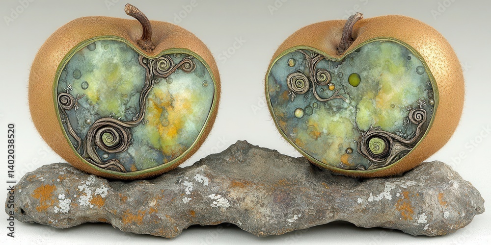 Fototapeta premium Two golden apples, intricate inner designs