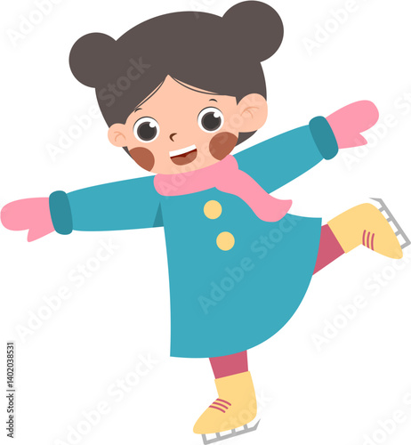 Winter Fun: Smiling Girl Figure Skating in Blue Coat and Pink Scarf.
