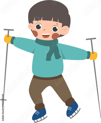 Happy young skater with teal sweater, scarf, and ice skates, holding ski poles, isolated.