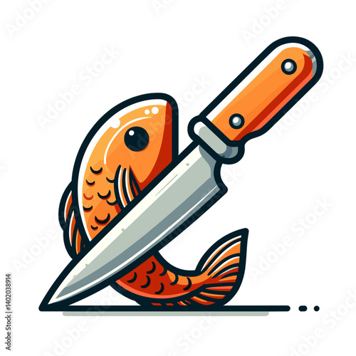 Kitchen knife piercing through fish. Ideal for seafood preparation guides, culinary skills illustrations, cooking technique tutorials, or chef equipment marketing.