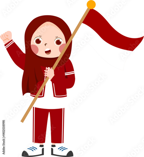 Girl in hijab with red flag and raised fist, cartoon vector.