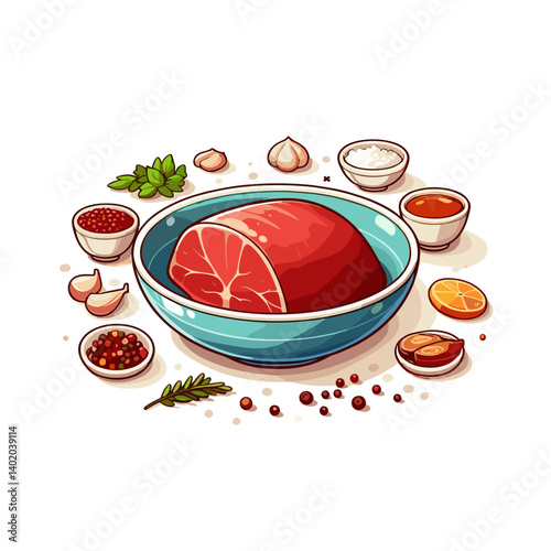 Raw meat in blue bowl with spice ingredients. Perfect for cooking preparation visuals, recipe ingredient layouts, culinary process illustrations, or food seasoning guides.