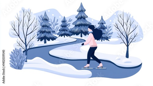 Woman Ice Skating on Frozen River in Snowy Winter Landscape