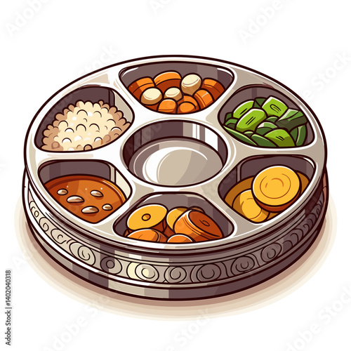 Indian thali meal with various dishes in traditional style. Perfect for Indian cuisine, cultural food traditions, and restaurant menu illustrations.