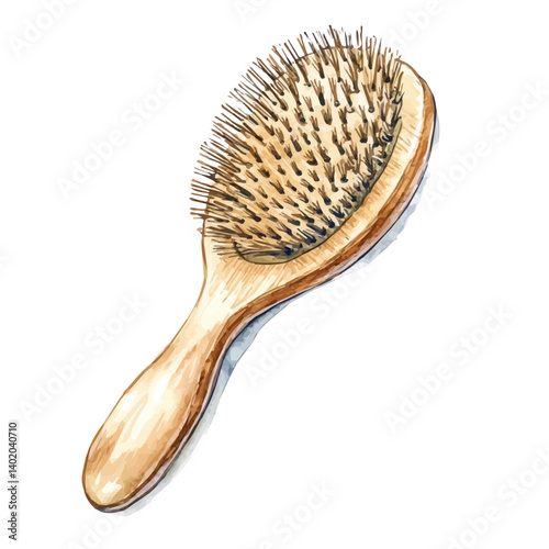 illustration of Round Hairbrush With Wooden Handle, watercolor vector, isolated on a white background.