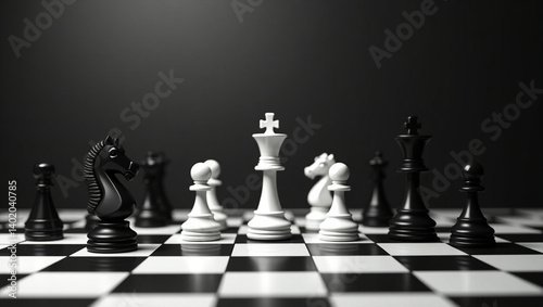 Classic black and white chess pieces arranged on a chessboard symbolize strategy, intelligence and competition. Ideal for business presentations, gaming content, leadership concepts