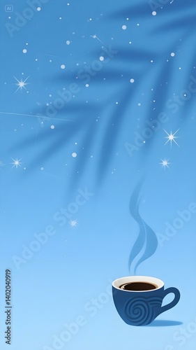 This image features a coffee cup with a palm shadow and starry sky. It can be used as a wallpaper, for café branding, or as a background for social media posts.