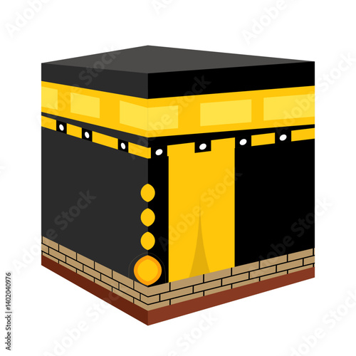 Simplified Kaaba Icon: Black, Gold, and Brown Cubic Illustration