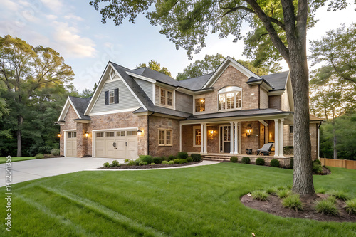 Modern Villa Exterior In Summer Luxury house exterior with brick and siding trim