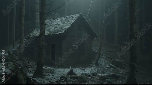 An abandoned cabin shrouded in a misty forest.