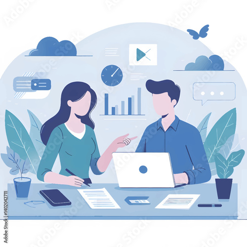 Flat-style vector of two people working together in a neat productivity workspace. Clean colors and shapes, perfect for team and office themes.