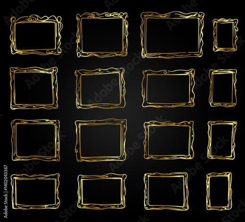 Hand drawn golden sketchy border collection, set of sixteen isolated gold doodle frames with elegant organic edges on black background, vector graphic elements for luxury design