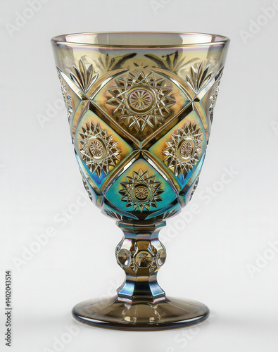 Carnival Glass Goblet with Geometric Star Design: Iridescent Vintage Drinkware. Depression glass with intricate starburst diamond pattern, for retro decor, collectibles, historical related designs