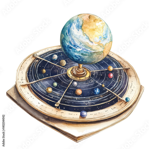 illustration of Rotating Orrery Showing Planets In Orbit, watercolor vector, isolated on a white background.