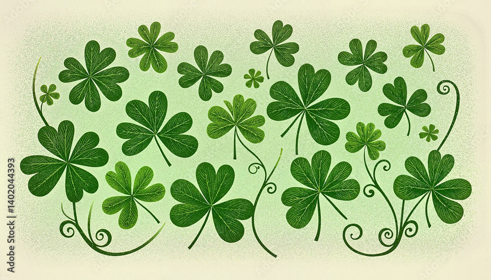 Green clovers with decorative swirls on a soft background Green clovers with decorative swirls on a soft background