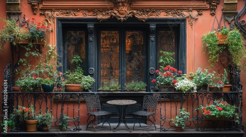 Charming Balcony with Ornate Iron Railing and Abundant Flowers in New York City