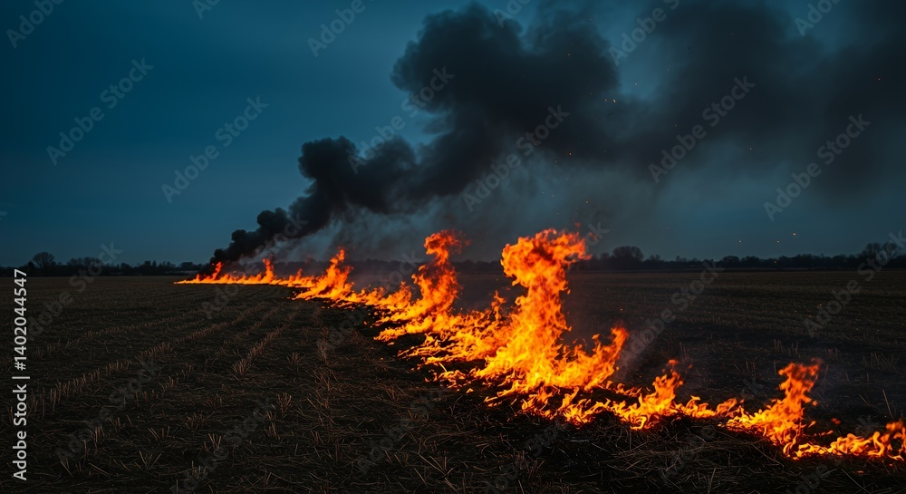 Fototapeta premium Controlled Burning in Field at Dusk with Smoke