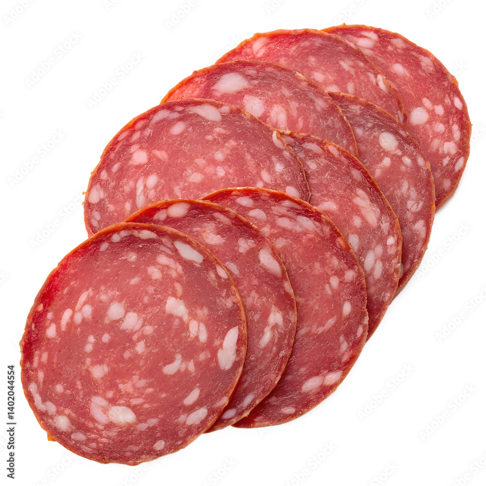 sliced pieces of salami isolated on transparent background
