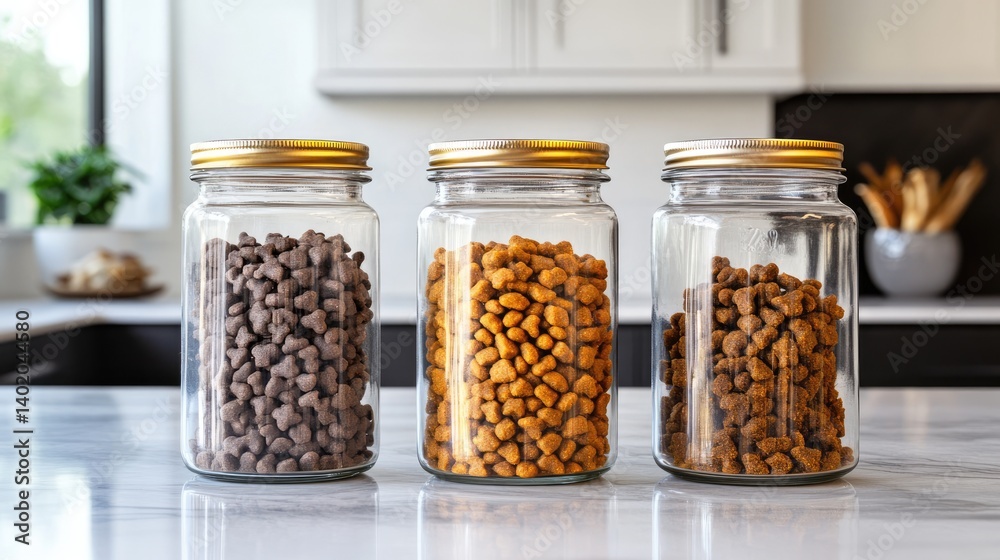 Glass jars of freeze-dried and raw dog food for high-protein diets