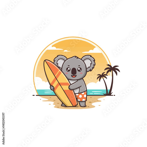 Cute Koala Surfing on the Beach in Summer