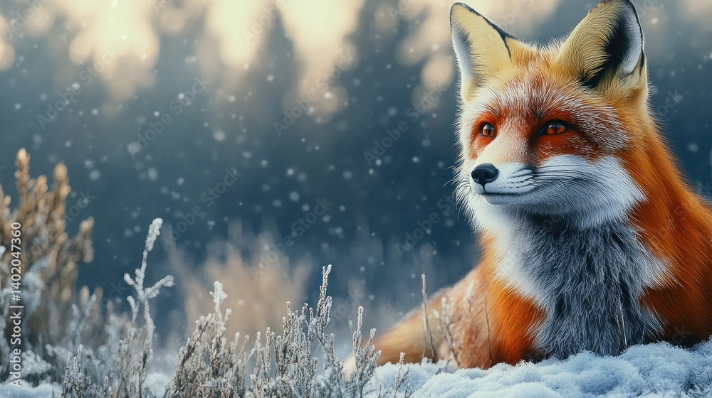 Fototapeta premium Winter fox in snowy forest