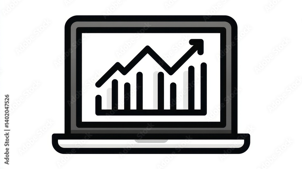 Laptop Displaying Upward Trending Bar Graph, Simple Clean Design Laptop Displaying Upward Trending Bar Graph, Simple Clean Design