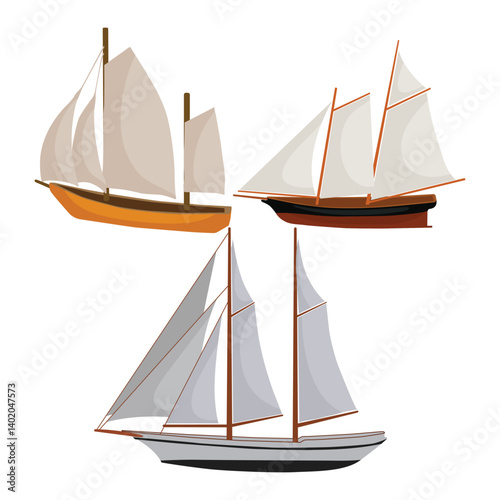 Icon set collection of sailling boat minimalist vector hand drawn. Traditional vessel junk boat transportation in flat style design for illustration, icon, educational purpose, poster and advertising