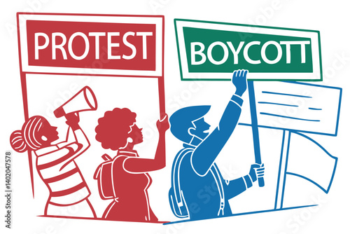 39 Protest signs, boycott placards, multiple colors, red green blue, rectangular signs, overlapping text, crowded composition, graphic design style, vectorized illustration, social activism concept, b
