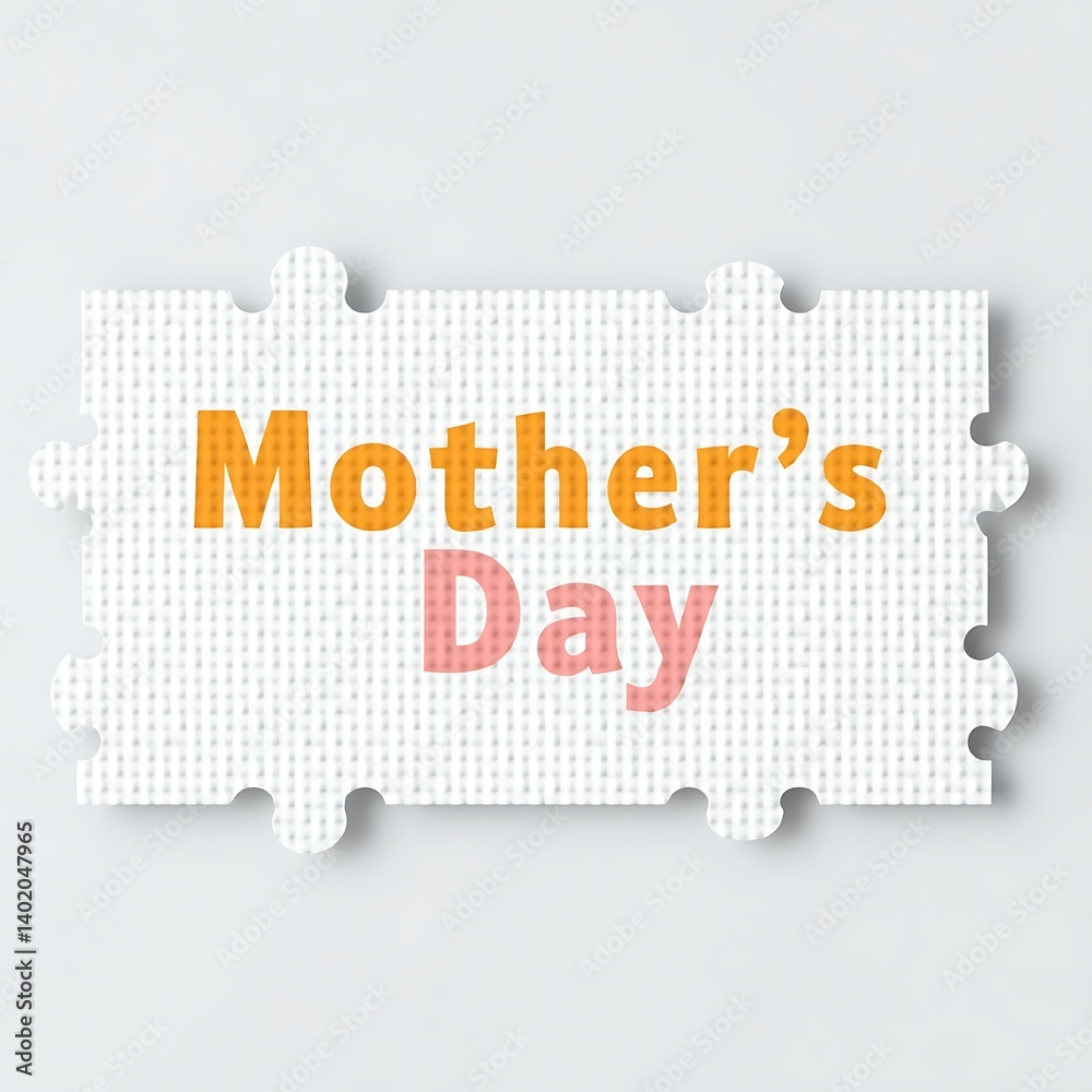 Mothers Day Text on White Puzzle Piece with Woven Texture for Greeting Card Craft or Minimalist Design Mothers Day Text on White Puzzle Piece with Woven Texture for Greeting Card Craft or Minimalist Design