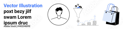 User profile icon, sales funnel with coins and stats, and shopping bag visual. Ideal for marketing, user acquisition, e-commerce, advertising, data analysis, customer journey flat landing page