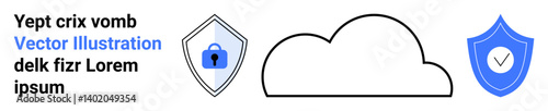 Cloud structure flanked by shield icons with padlock and checkmark. Ideal for cybersecurity, online storage, protection, privacy, encryption concepts, IT solutions, data defense. Flat landing page