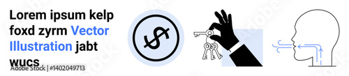 Dollar protection, hand holding keys, and profile exhaling air. Ideal for security, finance, ownership, trust, communication, symbols and simple landing page