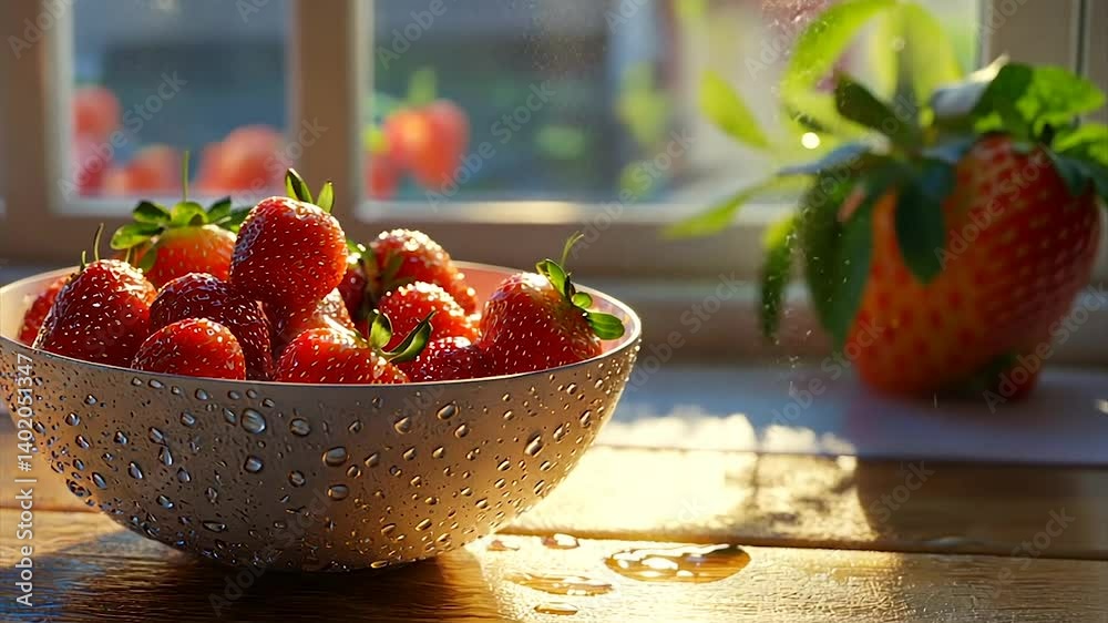 Sunlit bowl of ripe, juicy strawberries on a wooden surface near a window
