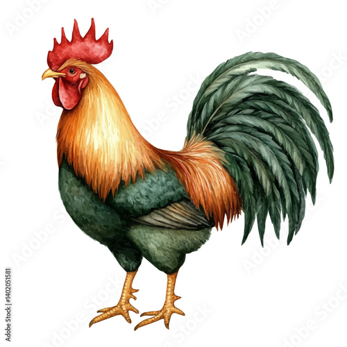 Rooster Crowing At Dawn, vector watercolor illustration, isolated on a white background.